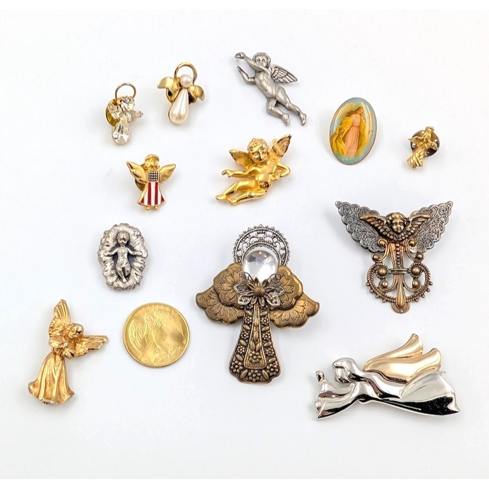 Lot 13 VTG Guardian Angel Coin Pin Brooch Pendant Gold Tone Religious Protection